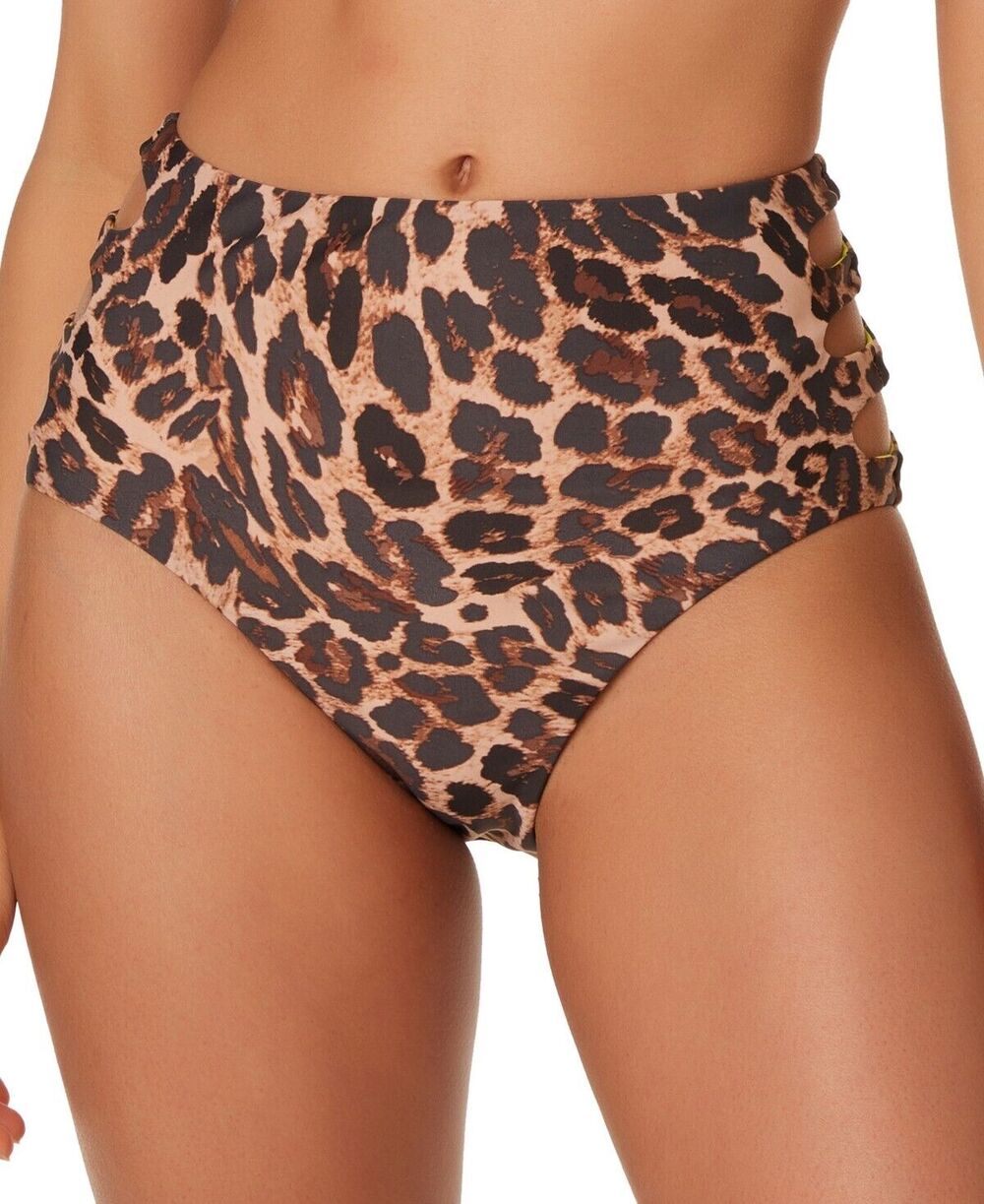 Bar III Women's Beach Cheetah High Waist Strappy Side Bottoms Size S New